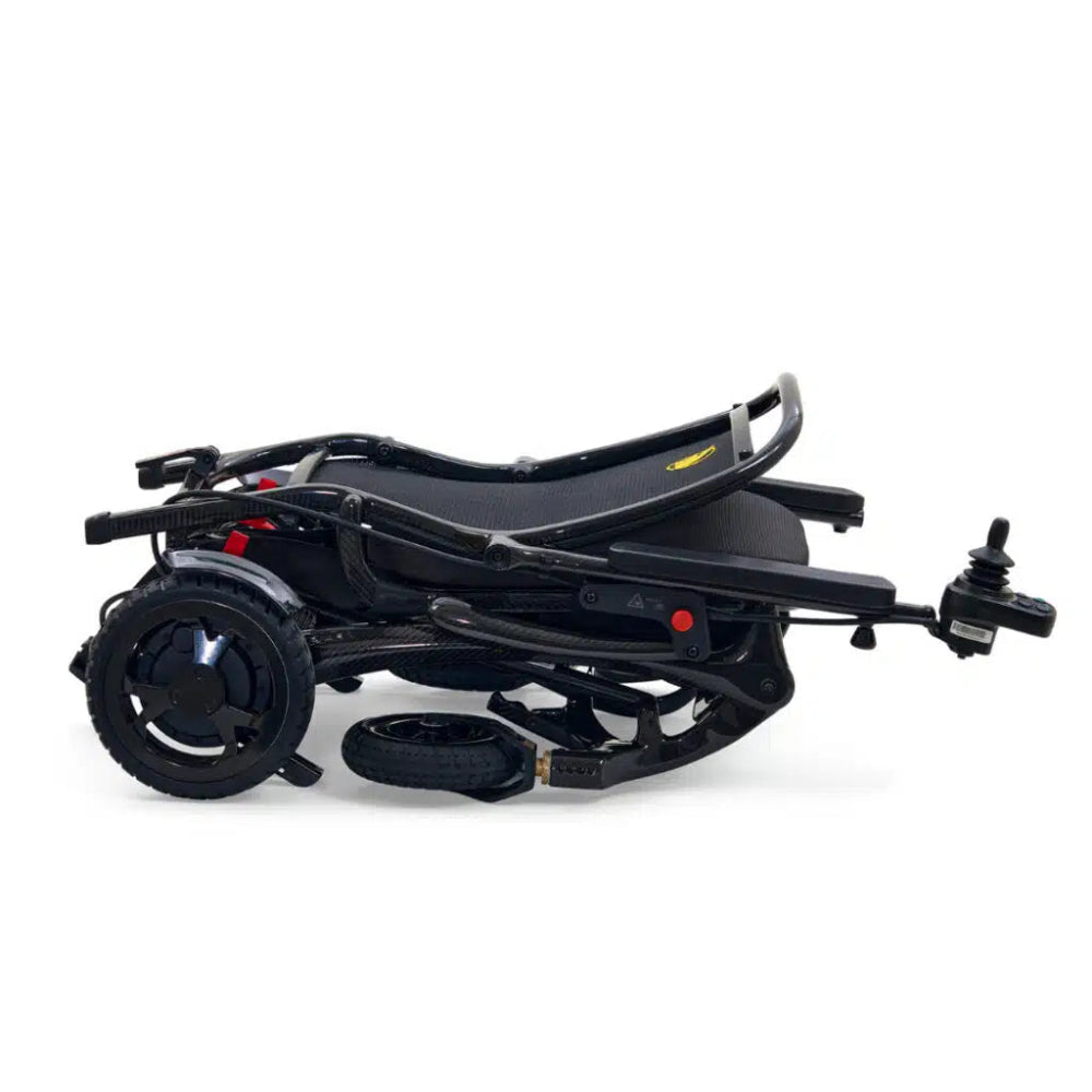 The ultra-light Golden Cricket GP302 power wheelchair folded completely flat for easy car transport and compact storage.